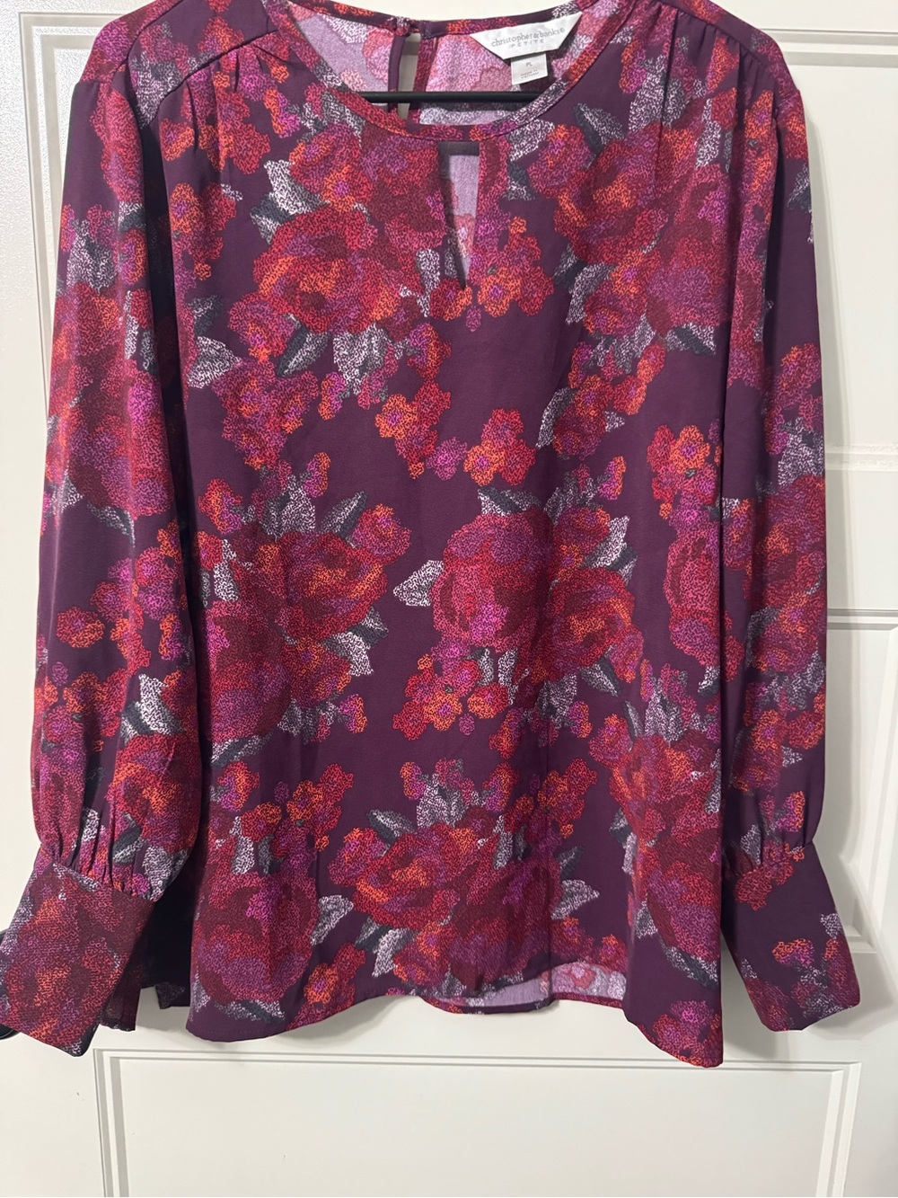 Christopher & Banks Plum Floral Keyhole Blouse with Pink & Red Accents